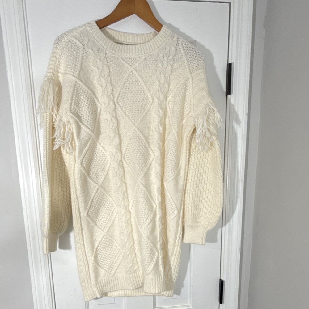 Francesca's Beige Cable Knit Sweater Dress Fringe Long Sleeve Small NEW